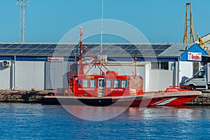 GARRUCHA, SPAIN - 04 NOVEMBER 2023 Rescue ship moored in Puerto de Garrucha, Spain, belonging to Salvamento Maritimo, the Spanish