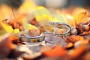 garter snake amid sunlit autumn leaves