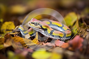 garter snake among autumn leaves on grass