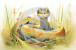 garter snake with bulging eyes sitting still in grass