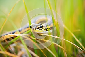 garter snake peeking out of streamside grass