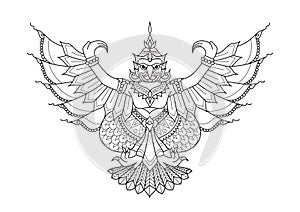 Garuda the half human half bird, animal in Thai literature for design element,printed tee and coloring book page. Vector illustrat
