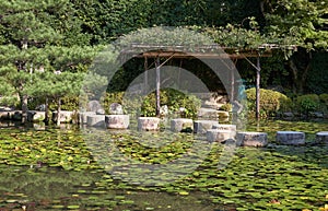 Garyu Bridge through the Soryu-ike pond in the Middle garden of Heian-jingu Shrine. Kyoto. Japan