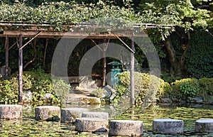 Garyu Bridge through the Soryu-ike pond in the Middle garden of Heian-jingu Shrine. Kyoto. Japan