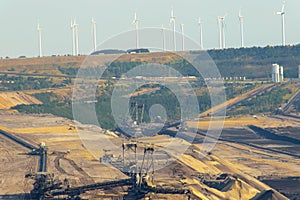 Garzweiler, Germany: Coal opencast mine with giant excavator in the pit