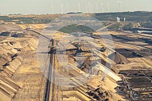 Garzweiler, Germany: Coal opencast mine with giant excavator in the pit