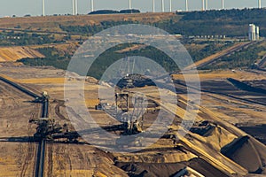 Garzweiler, Germany: Coal opencast mine with giant excavator in the pit