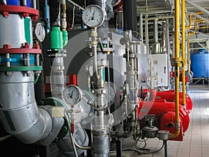 Gas boiIndustrial steam boilers in the boiler room, and powerful turbine gas burnerslers in gas boiler room