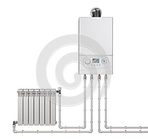 Gas boiler and heater radiator with pipelines for house - front view. Heating system