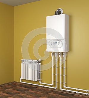 Gas boiler and heater radiator with pipelines on orange wall in house. Heating system