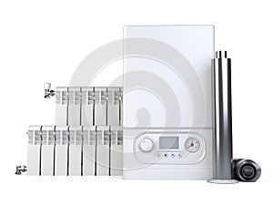 Gas boiler, heater radiator set and chimney pipe for house - front view. Heating system