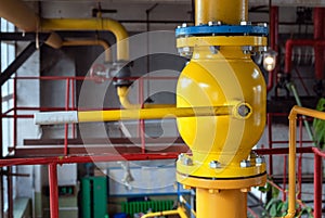 Gas boiler room equipment. Gas pipeline with ball valve for gas supply