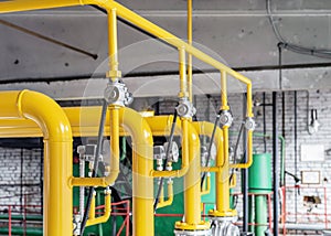 Gas boiler room equipment. Gas pipeline with safety gas valve