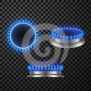 Gas burner blue flame top side view set realistic vector glowing fire ring on kitchen stove