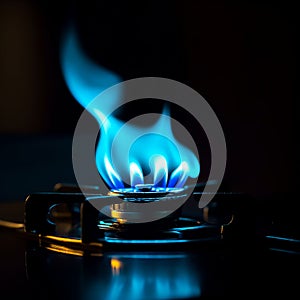 Gas burner with blue flames on black background.