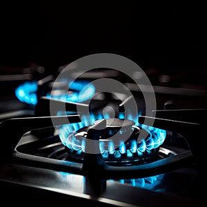 Gas burner with blue flames on black background.