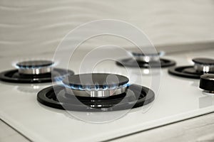 Gas burners with blue flame on modern stove