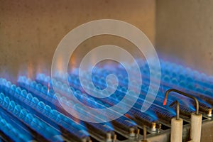 Gas burning in a heating appliance. A stainless steel burner heats a copper heat exchanger