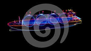 Gas carrier LNG. Blue particle and lines form 3d model Gas tanker. Rotation animation in 3d virtual space