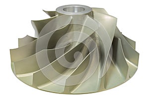 Gas compressor impeller mad from aluminium machined with CNC machine isolate on white background.