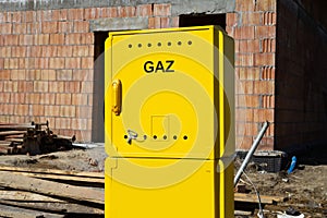 Gas connection box at home construction site in Poland, with Polish word Gaz.