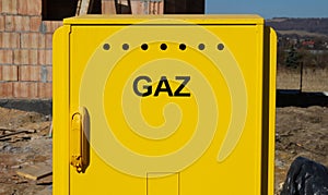 Gas connection box at home construction site in Poland, with Polish word Gaz.