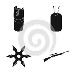 A gas cylinder, a soldier`s token, a sniper rifle, a shuriken. Weapons set collection icons in black style vector symbol