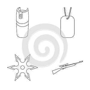 A gas cylinder, a soldier`s token, a sniper rifle, a shuriken. Weapons set collection icons in outline style vector