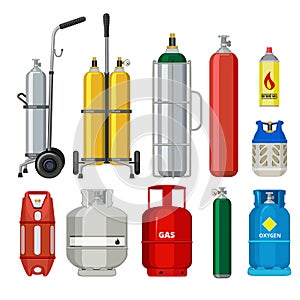 Gas cylinders. Butane helium acetylene propane metal tank cylinder petroleum station tools vector illustrations