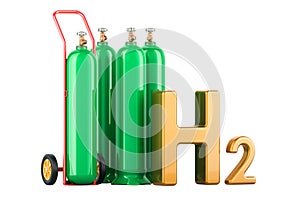 Gas cylinders with hydrogen H2, Green gas cylinder with hand truck. Gas Delivery Service, concept. 3D rendering