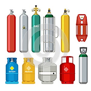 Gas cylinders icons. Petroleum safety fuel metal tank of helium butane acetylene vector cartoon objects isolated