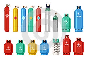 Gas cylinders. Lpg propane container, oxygen gas cylinder and canister. Fuel storage liquefied compressed gas high photo