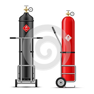 Gas cylinders on trolley dangerous red and black containers set realistic vector illustration