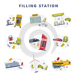 Gas and Electricity Filling Station as Facility Selling Fuel for Motor Vehicle Vector Set