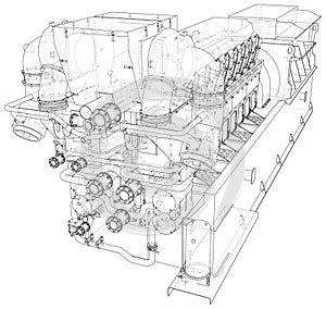 Gas-engine. Gas engine is an internal combustion engine which runs on a gas fuel. Wire-frame line isolated on white