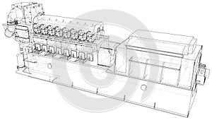 Gas-engine. Gas engine is an internal combustion engine which runs on a gas fuel. Wire-frame line isolated on white