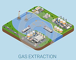 Gas extraction nautical process refinery flat isometric vector photo