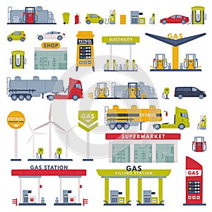 Gas Filling Station as Facility Selling Fuel for Motor Vehicle Vector Set