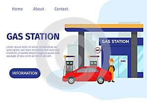 Gas filling station vector web site template. Transport fuel and benzine related service building, red car and cartoon