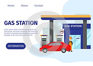 Gas filling station vector web site template. Transport fuel and benzine related service building, red car and cartoon photo