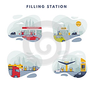 Gas Filling Station View as Facility Selling Fuel for Motor Vehicle Vector Set