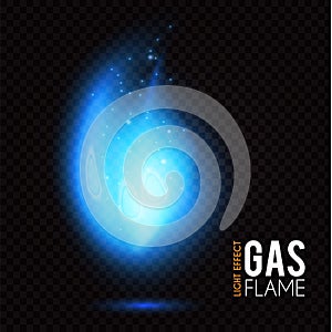 Gas flame. Blue fire effect. Neon light on transparent background