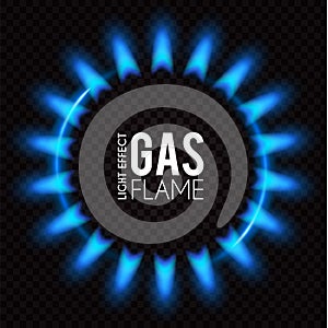 Gas flame. Blue fire effect. Neon light on transparent background