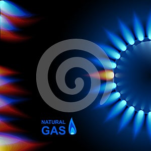 Gas flame with blue reflection on dark backdrop. Vector background. EPS 10