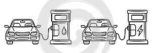 Car gas fuel filling station, petrol refueling pump, electric transport charge, automobile diesel gasoline supply line icon vector