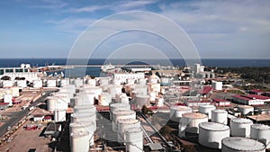 Gas and fuel tanks on refinery factory. Liquefied petroleum gas tanks. Spherical gas storage tanks in fuel refinery. Manufacturing