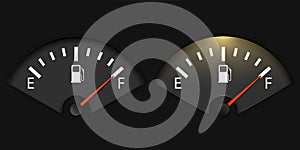 Gas Gage Illuminated. Realistic Fuel gauge showing full. Vector illustration