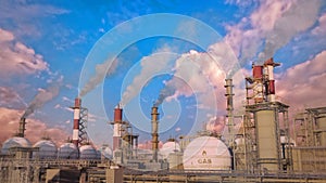 gas or gasoline or LNG storage tanks on refinery plant at sundown, fictional design - industrial 3D rendering