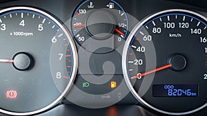 Gas gauge fuel empty. Petrol tank meter car indicator on dashboard. Low gasoline level. Fuel gauge gas.