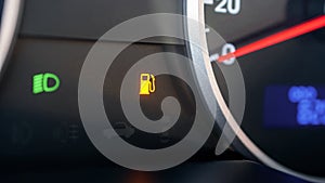 Gas gauge fuel empty. Petrol tank meter car indicator on dashboard. Low gasoline level. Fuel gauge gas.